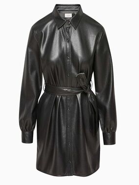 Wilfred Carline Black Faux Leather Shirt Dress Jacket with Tie Belt